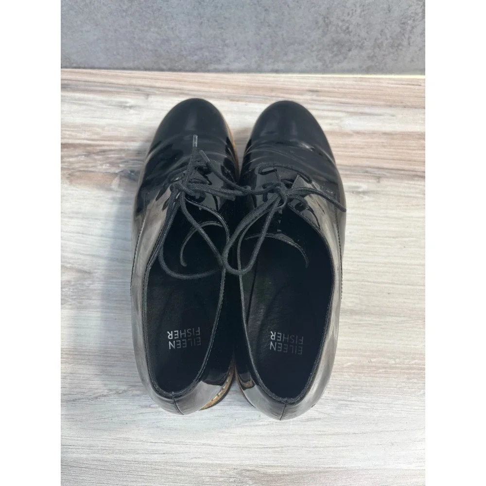Eileen Fisher Eddy Derby SZ 9 Black Patent Leather Lace Up Oxford Platform Shoes